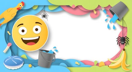 A cheerful emoji surrounded by beach items and water activities