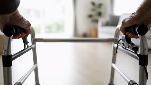 Video sequence showing a person walking with a walker indoors.