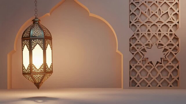 Elegant Moroccan lantern hanging in traditional Islamic archway with intricate geometric patterns