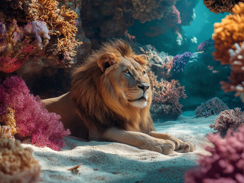 A large lion relaxing in the sand in a colorful coral reef, representing an unusual surreal scene