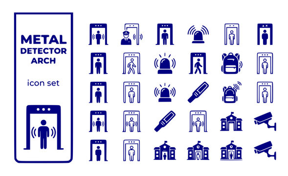 Metal Detector Arch Walk-Through Security-Screening Entrance-Security Metal-Detection School-Safety Security-Gate Vector Icon Set - Detector Arch