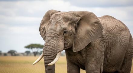 Obraz premium A solitary elephant standing in a grassy savanna with trees in the background under a cloudy sky.