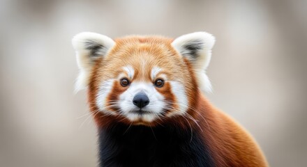 A close-up portrait of a red panda with a neutral expression, set against a blurred natural background.