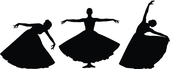 Ballet dancer silhouettes illustration set, classical dance performance collection, elegant graceful movement isolated black artistic theater figures icons © Vexora Studio
