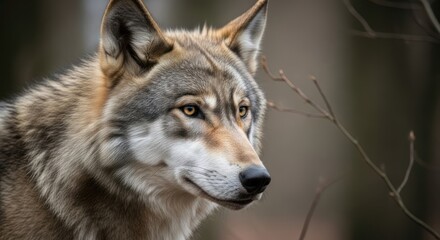 Fototapeta premium A close-up of a wolf's face in a natural setting, with a blurred background of trees and branches.