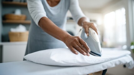 Fototapeta premium Hands of a woman ironing a crisp white cotton pillowcase on an ironing board in a bright, modern laundry room with soft natural light, hotel staff work