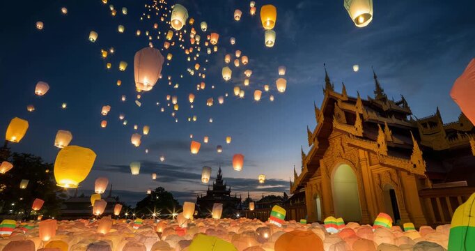 Vibrant lanterns fill the evening sky at a stunning cultural festival