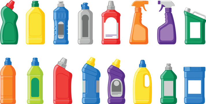 Cleaning product bottles illustration set, household detergent containers collection, spray bleach liquid soap packaging isolated colorful plastic icons