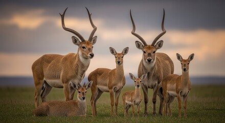 Fototapeta premium A group of impalas in a grassy field during dusk, showcasing their natural habitat and social behavior.