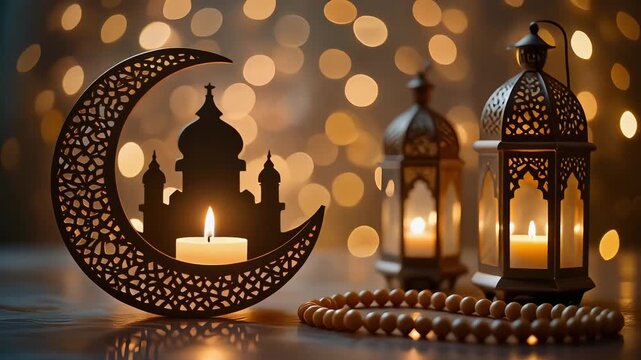 Warm Ramadan decorations with candlelit lanterns and prayer beads