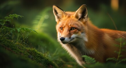 A fox in a forest glade, alert and focused, surrounded by greenery and moss.