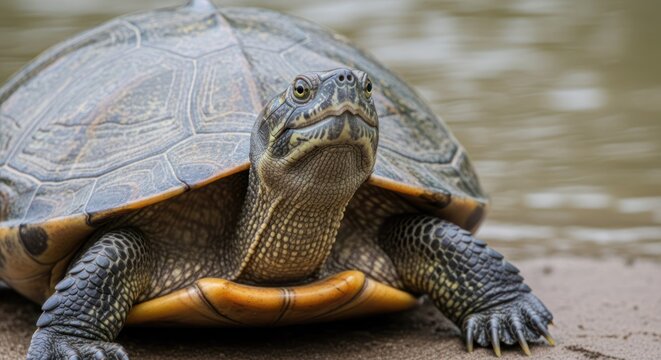 A turtle with a patterned shell resting on a sandy surface near water.