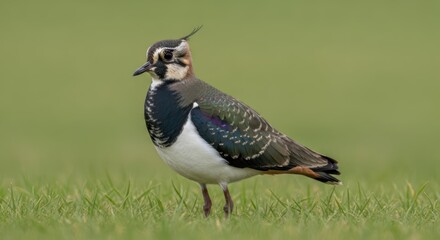 Obraz premium A solitary bird standing in a grassy field, showcasing its distinctive plumage and crest.