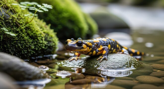 A vibrant salamander in a natural, moist environment, poised on a rock with water droplets around it.