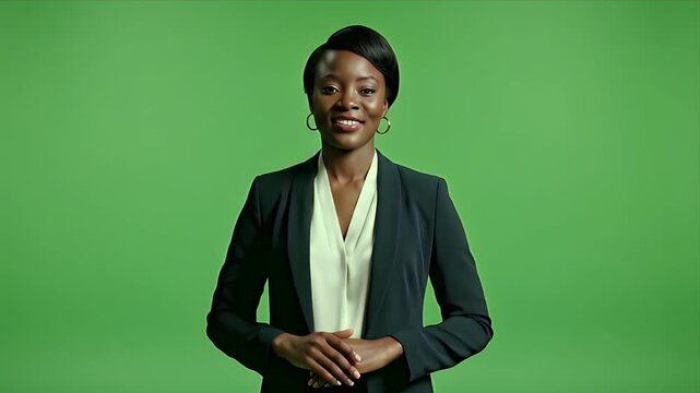 Professional African American Woman in Business Attire Presenting on Green Screen Background for Chroma Key Composition