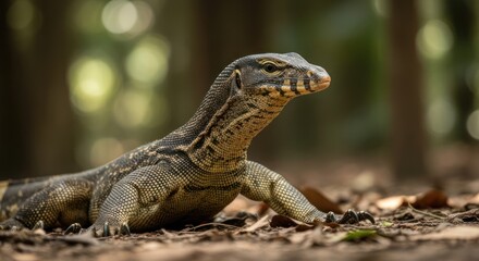 Obraz premium A monitor lizard in a forest setting, poised and alert, with detailed scales and natural background.
