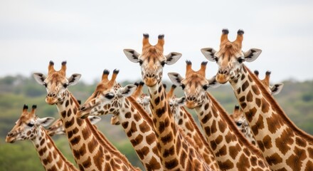 Obraz premium A group of giraffes standing together in a natural setting with greenery in the background.