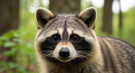 Obraz premium A close-up of a raccoon's face in a forest setting.