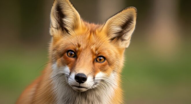 A close-up portrait of a fox with a focused gaze, set against a blurred natural background.