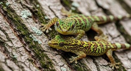 Fototapeta premium Two geckos on a tree branch, one larger and one smaller, with green and yellow patterns on their skin. The background is a close-up of the tree bark with some moss and lichen, suggesting a natural