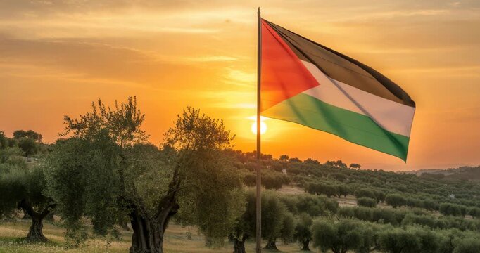 Palestinian flag waving in olive grove at golden sunset