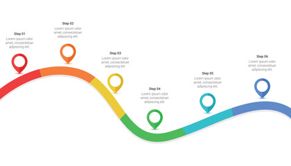 Curved Roadmap Infographic Template With Six Steps And Map Pins