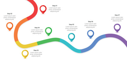 Curved Roadmap Infographic Template With Seven Steps And Map Pins