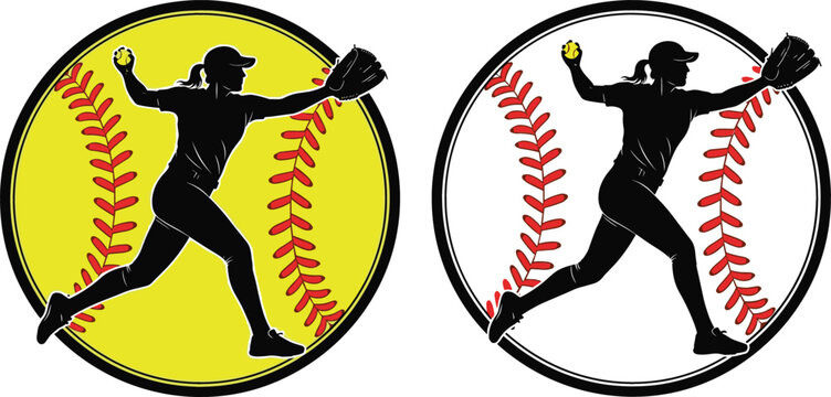 Female softball and baseball pitcher silhouette emblems with red stitching on yellow and white circular sports icons
