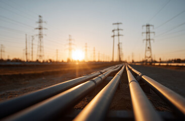 Rows of Industrial Pipelines at Golden Sunset