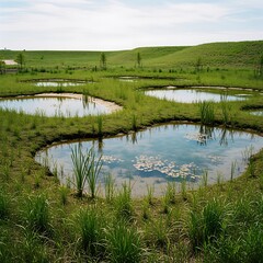 Obraz premium Serene Natural Landscape with Small Water Ponds Surrounded by Green Grass and Hills