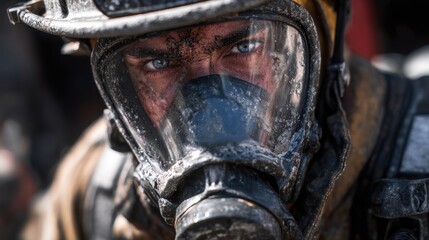 Fototapeta premium Intense Close-Up of a Firefighter with Protective Gear Against the Elements