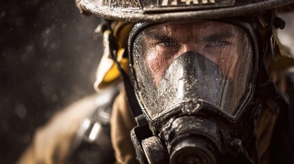 Fototapeta premium Courageous Firefighter in Action: A Close-Up Capturing the Intensity and Focus of a Heroic Moment