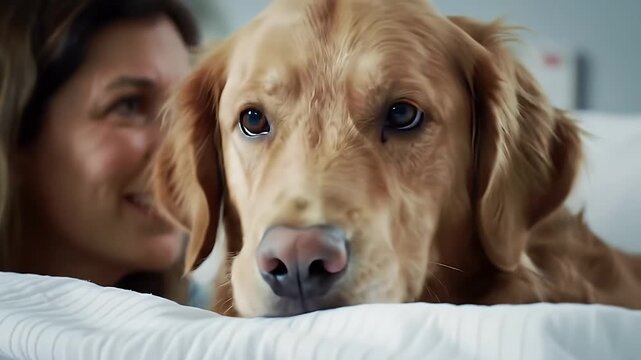 Woman and golden retriever.