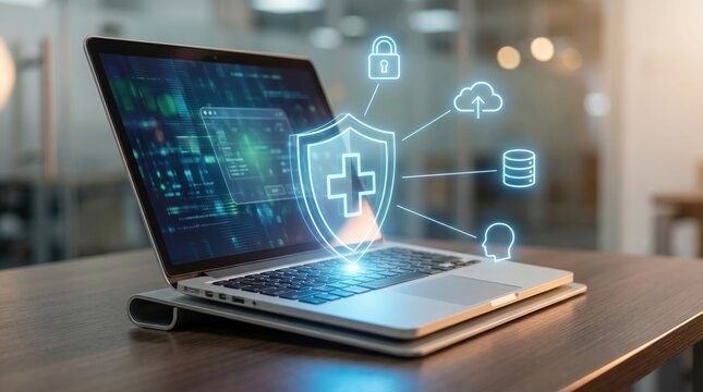 cyber security healthcare data protection medical technology cloud storage privacy digital health solutions for secure patient records and hipaa compliance in professional clinics.