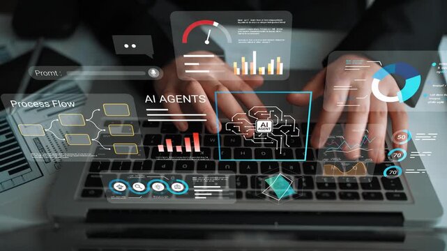 Business Professional Analyzing Data with Artificial Intelligence Interface on Laptop with Graphics and Charts Displayed on Innovative Technology Background Gluon.