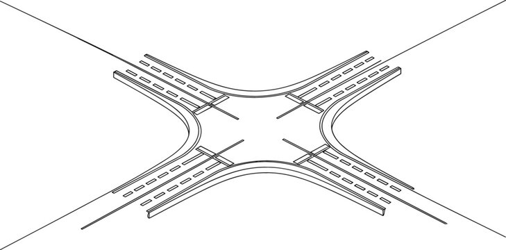 Isometric aerial view of four way road intersection with lane markings for urban planning and traffic safety branding
