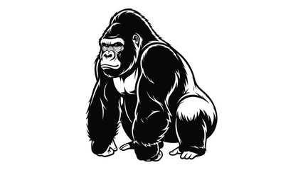 A powerful gorilla sitting with a serious expression in a black and white illustration Vector © SILHUETTECHEMBER