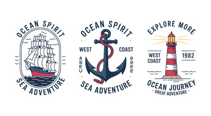 Vintage Nautical Vector Set Featuring Sailing Ship, Anchor and Lighthouse Illustrations, Ideal for Ocean Themed Apparel, Retro Badges, Maritime Adventure Graphics and Classic Sea Design Projects © RIO TOO