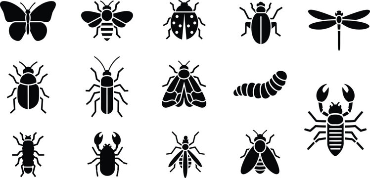 A set of black and white silhouette icons representing various types of insects and arthropods