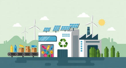 Eco friendly factory with solar panels and wind turbines generating clean energy recycling materials and producing sustainable goods in an industrial landscape with green