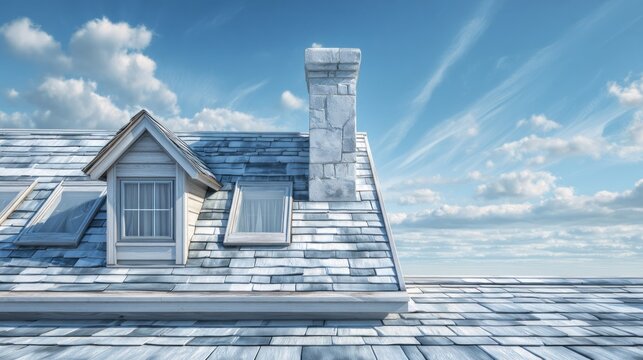Roof with chimney and dormer windows against a bright blue sky