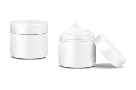 White blank jar of face skin care cream closed and open. Realistic 3d vector mockup. Round container filled with skincare cosmetic product. Mock-up. Advertising sample. Template for design