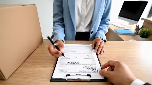 Office signing of contract during document review video.