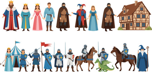 Medieval fantasy characters vector set with kings, knights, monks and village house, role playing game illustration © Kharshad Creative