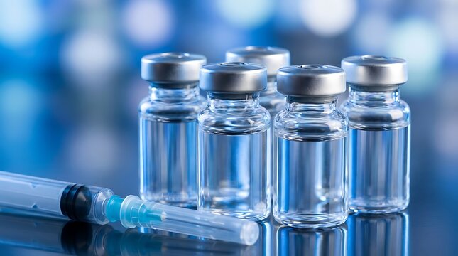 Medical research vials with clear liquid and syringe on blue bokeh background symbolizing scientific discovery and pharmaceutical innovation for vaccines and treatments