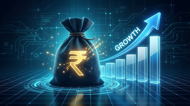 Digital currency growth with glowing rupee symbol on money bag and futuristic financial chart displaying upward trend arrow and data visualization