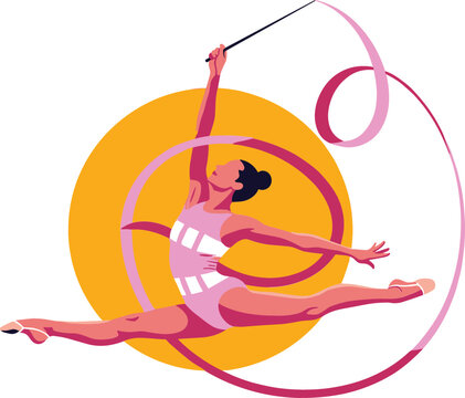 Vibrant illustration of female rhythmic gymnast performing split jump with pink ribbon for dance and sports branding