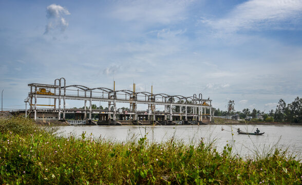 Salinity control dam at a Mekong River estuary in Ben Tre, Vietnam.