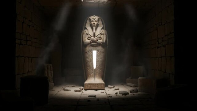 Pharaoh sarcophagus glowing mysteriously in ancient tomb, a secret revealed in an old egyptian pyramid. Archeological mystery discovery.