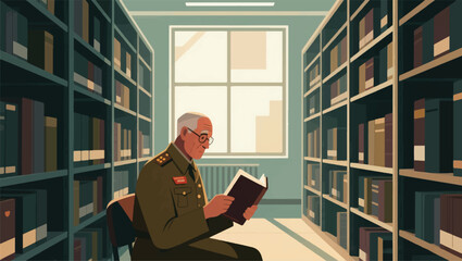 Illustration Of A Veteran Reading A History Book In A Library, Tall Bookshelves All Around Vector Design Template © Princess